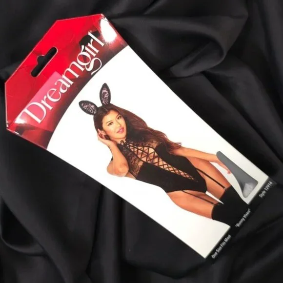NWB Dreamgirl Lingerie Bunny Vixen O/S Velvet Lace Garter Teddy Lace-up ST.12914